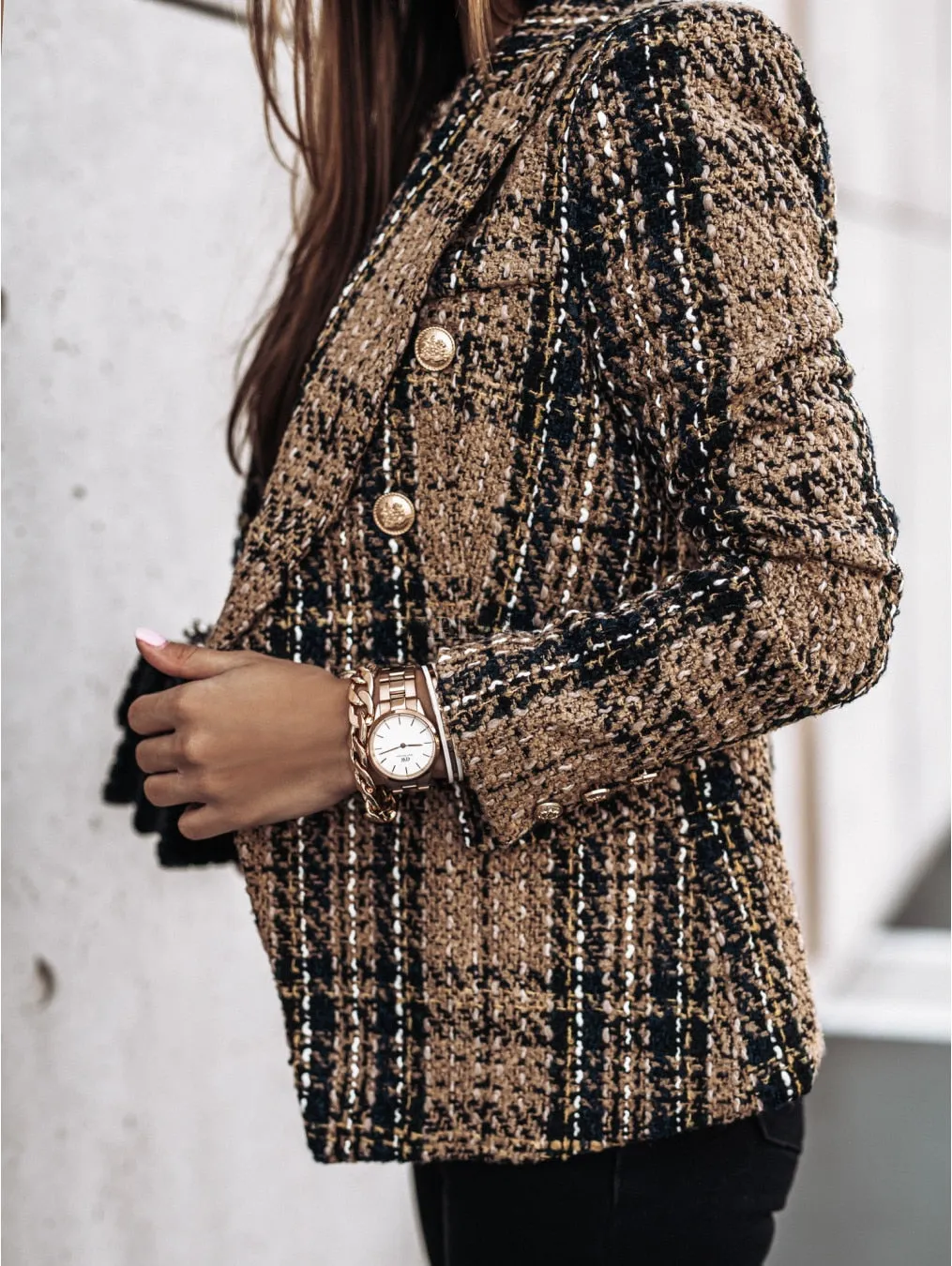 Plaid Button Long Sleeve Double Breasted Blazer