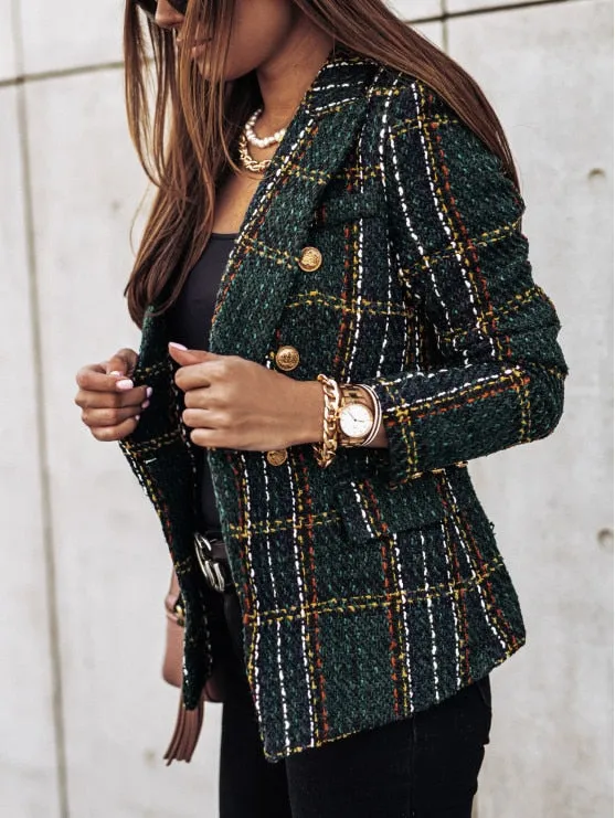Plaid Button Long Sleeve Double Breasted Blazer