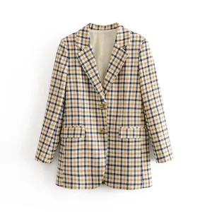Plaid Women Blazers Long Sleeve Buttons