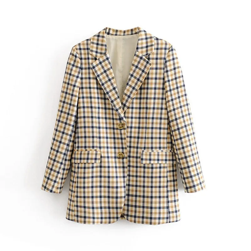 Plaid Women Blazers Long Sleeve Buttons