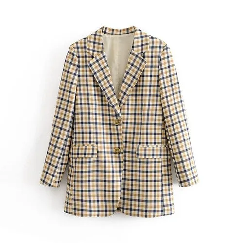 Plaid Women Blazers Long Sleeve Buttons