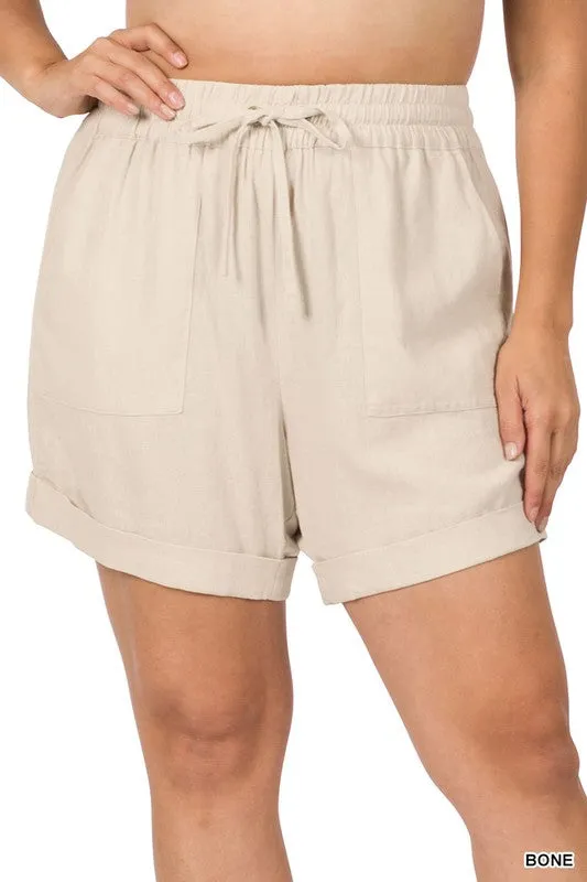 PLUS LINEN DRAWSTRING-WAIST SHORTS WITH POCKETS