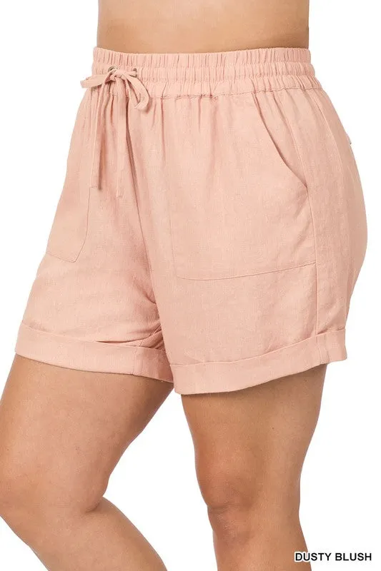 PLUS LINEN DRAWSTRING-WAIST SHORTS WITH POCKETS