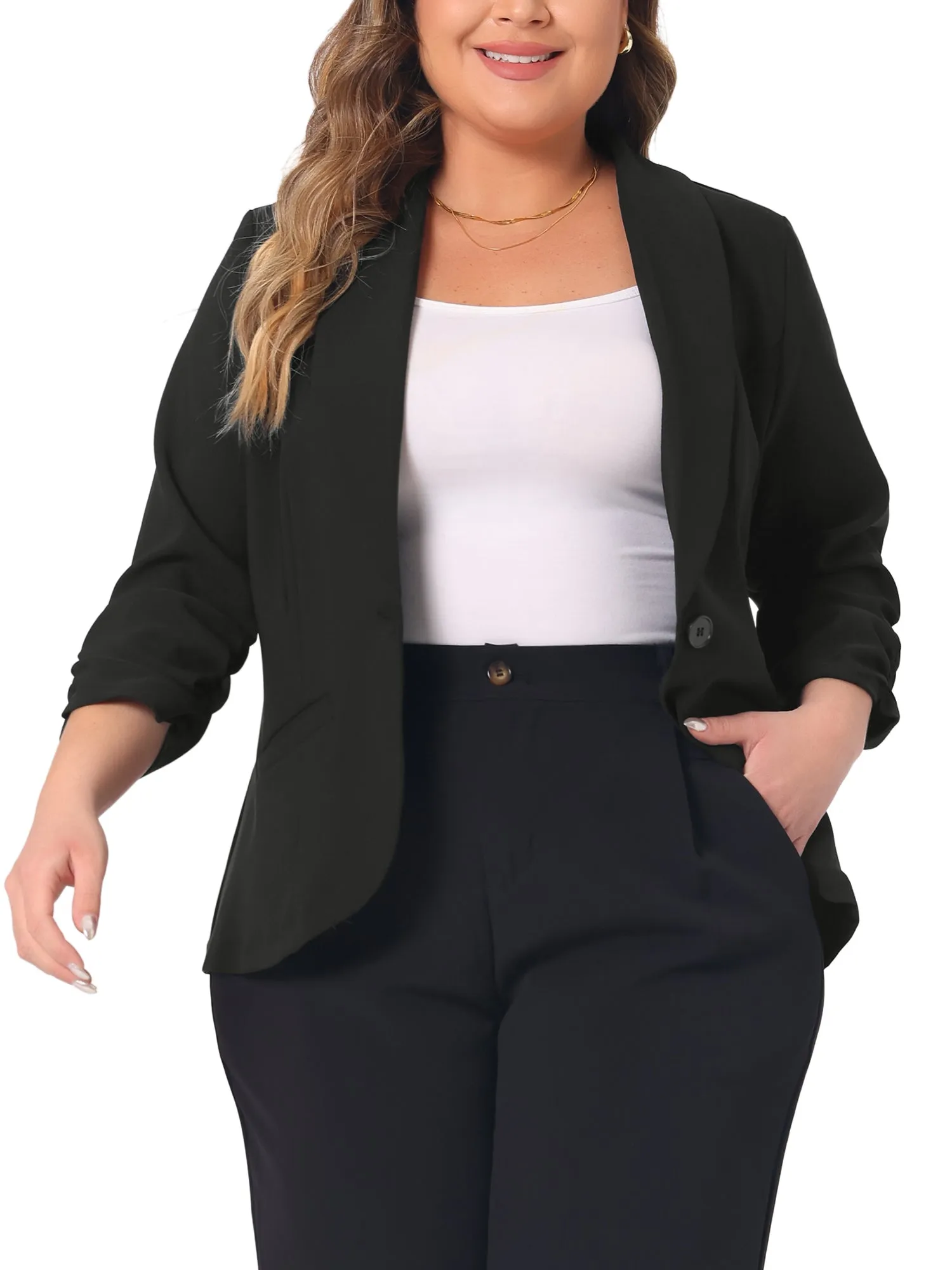 Plus Size Blazer for Women 3/4 Ruched Sleeve Open Front Lightweight Work Office Suit Jacket