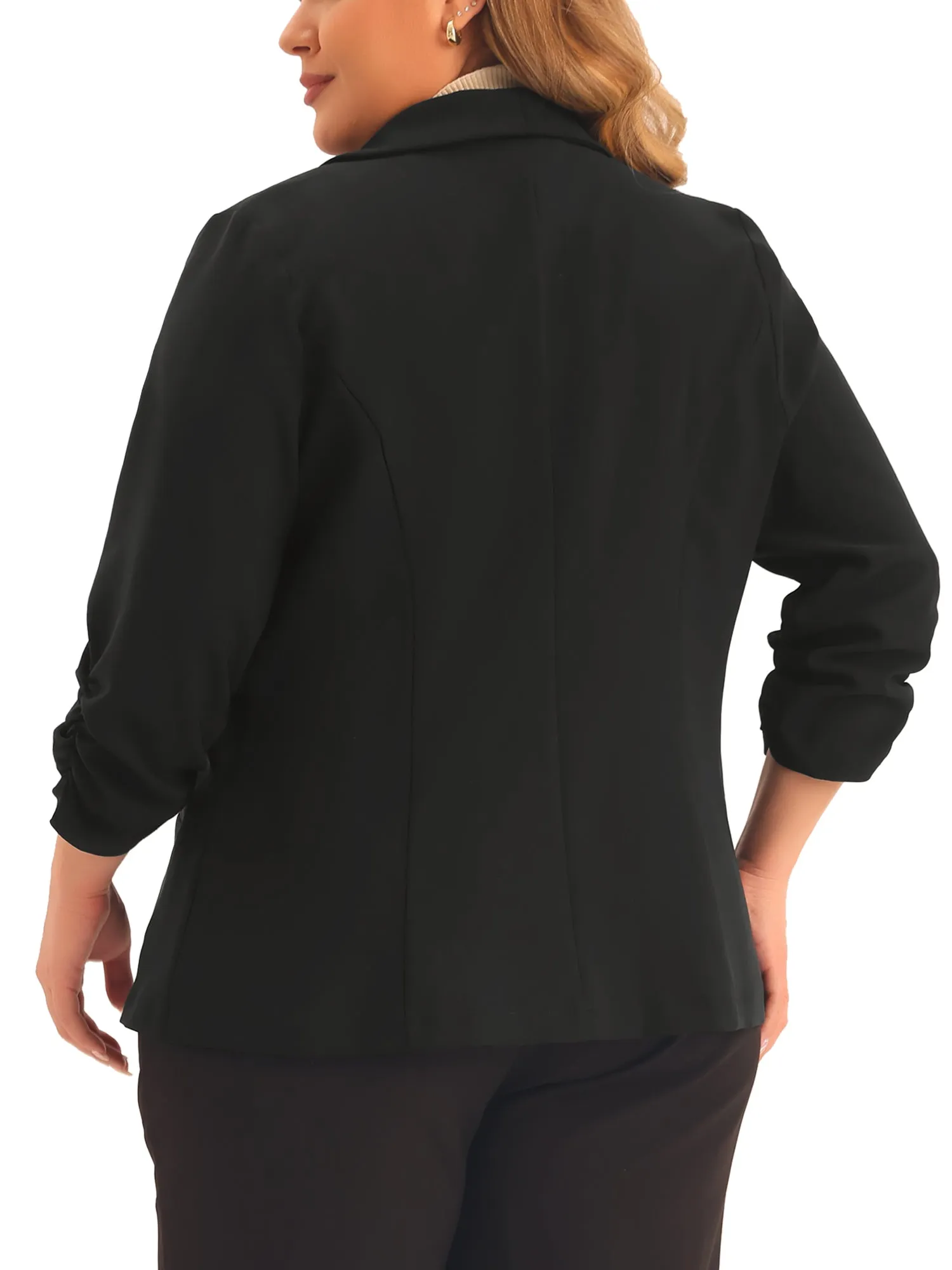 Plus Size Blazer for Women 3/4 Ruched Sleeve Open Front Lightweight Work Office Suit Jacket