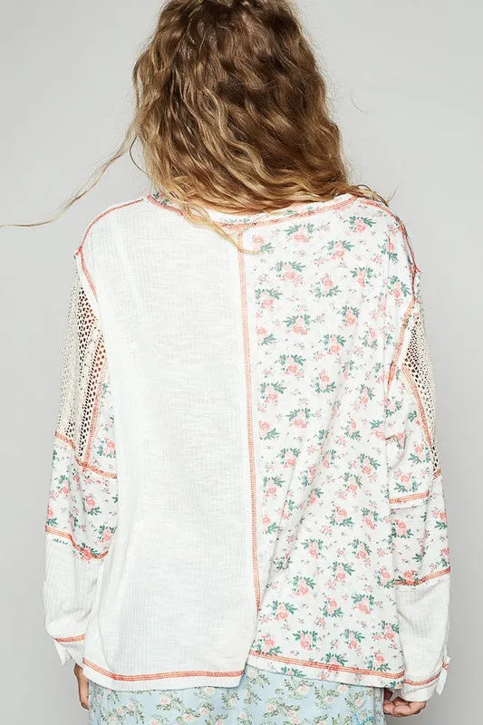 POL Floral Crochet Patch V-Neck Top in Off White | URBAN ECHO SHOP