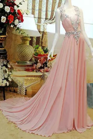 Pretty Pink High Low Backless Beading Long Chiffon Prom Dresses PFP1208