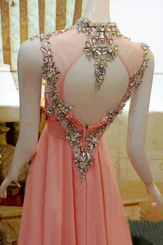 Pretty Pink High Low Backless Beading Long Chiffon Prom Dresses PFP1208