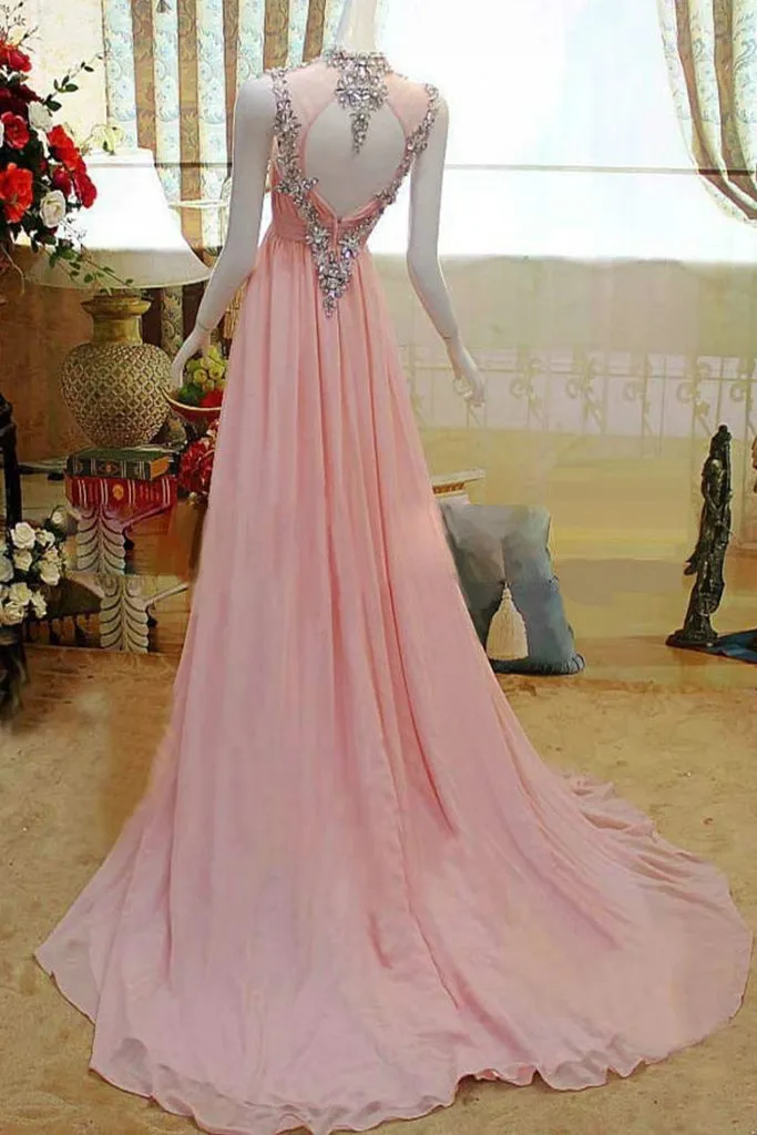 Pretty Pink High Low Backless Beading Long Chiffon Prom Dresses PFP1208
