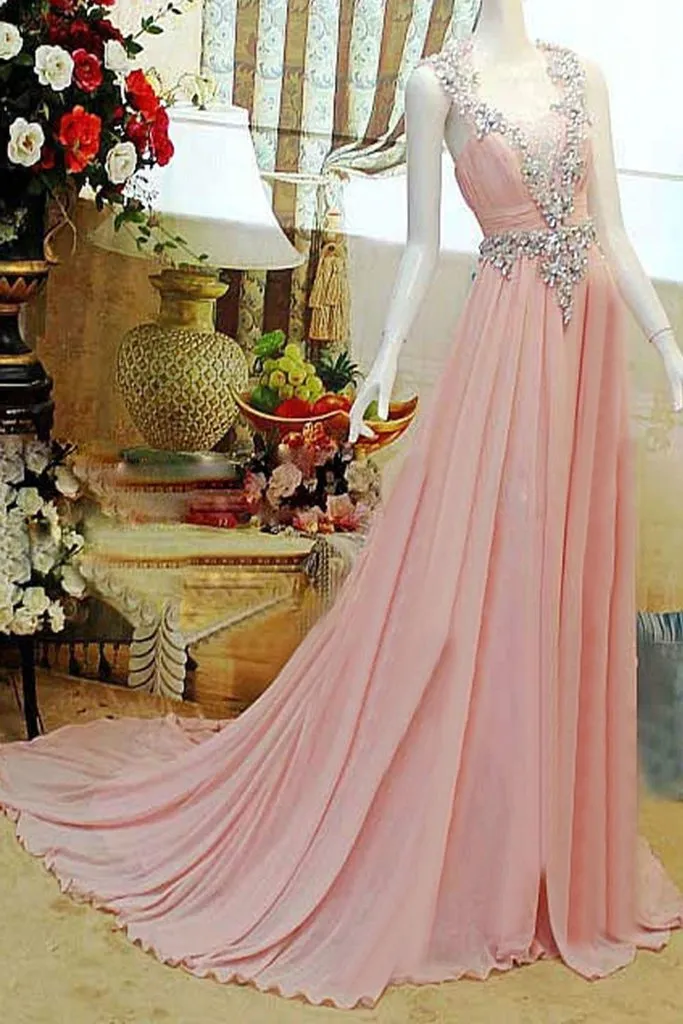 Pretty Pink High Low Backless Beading Long Chiffon Prom Dresses PFP1208