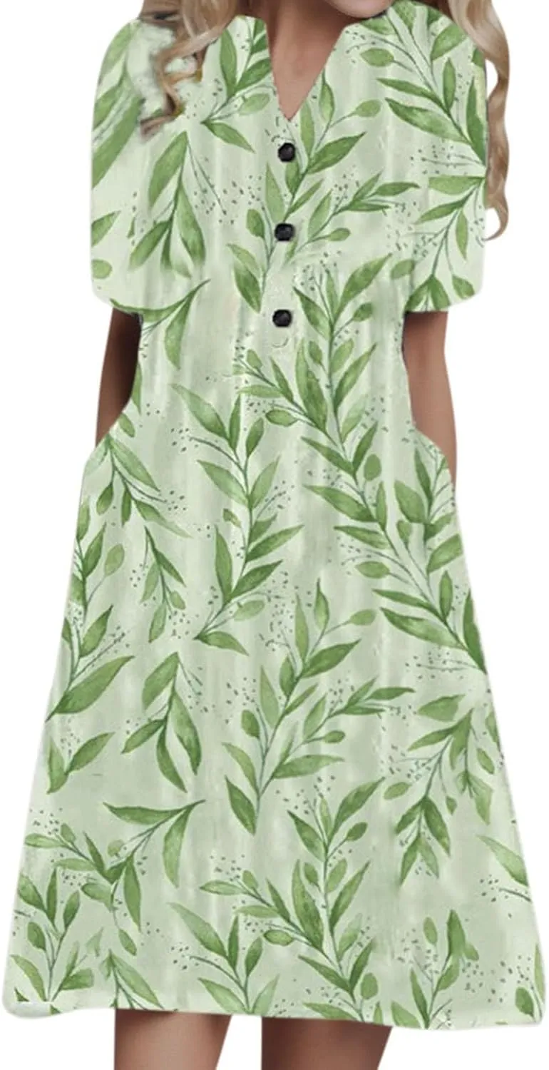 PTOLOCIF Summer Casual for Women Button Up Short Sleeve Floral Print Dress Party Flowy Midi Dress Dresses Work Trendy Outfits