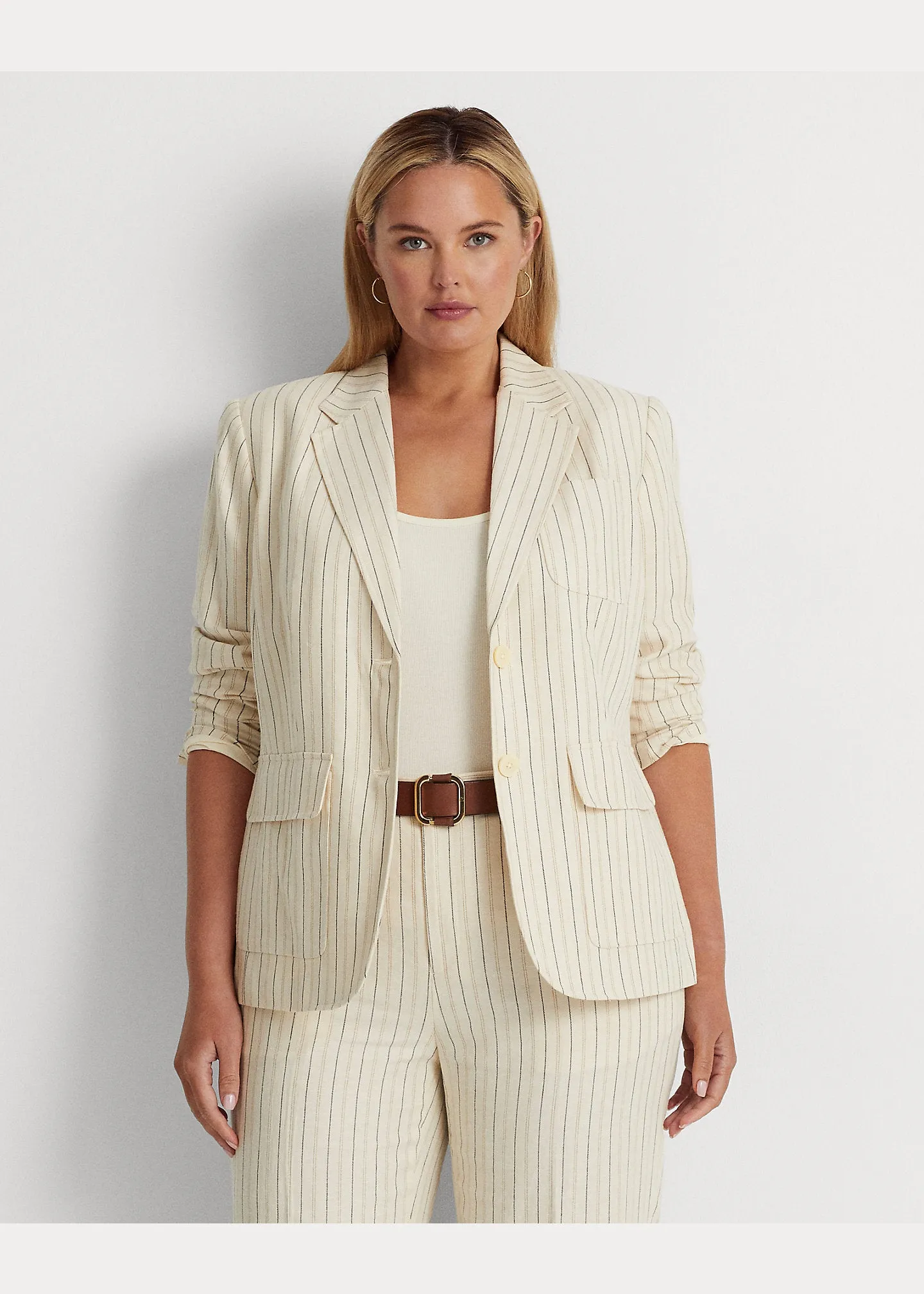 Ralph Lauren Womens Striped Linen-Blend Twill Blazer, Size 18