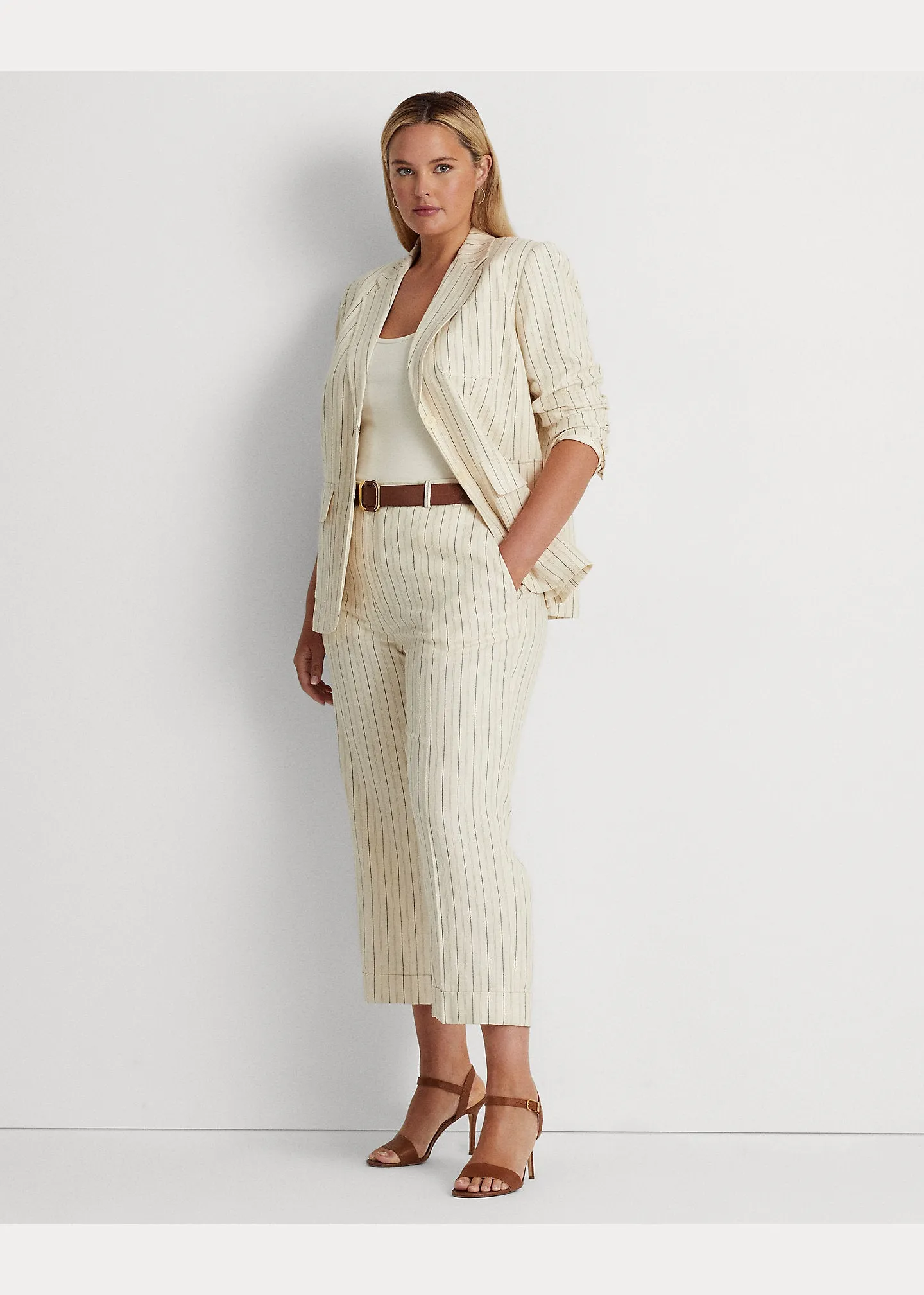 Ralph Lauren Womens Striped Linen-Blend Twill Blazer, Size 18