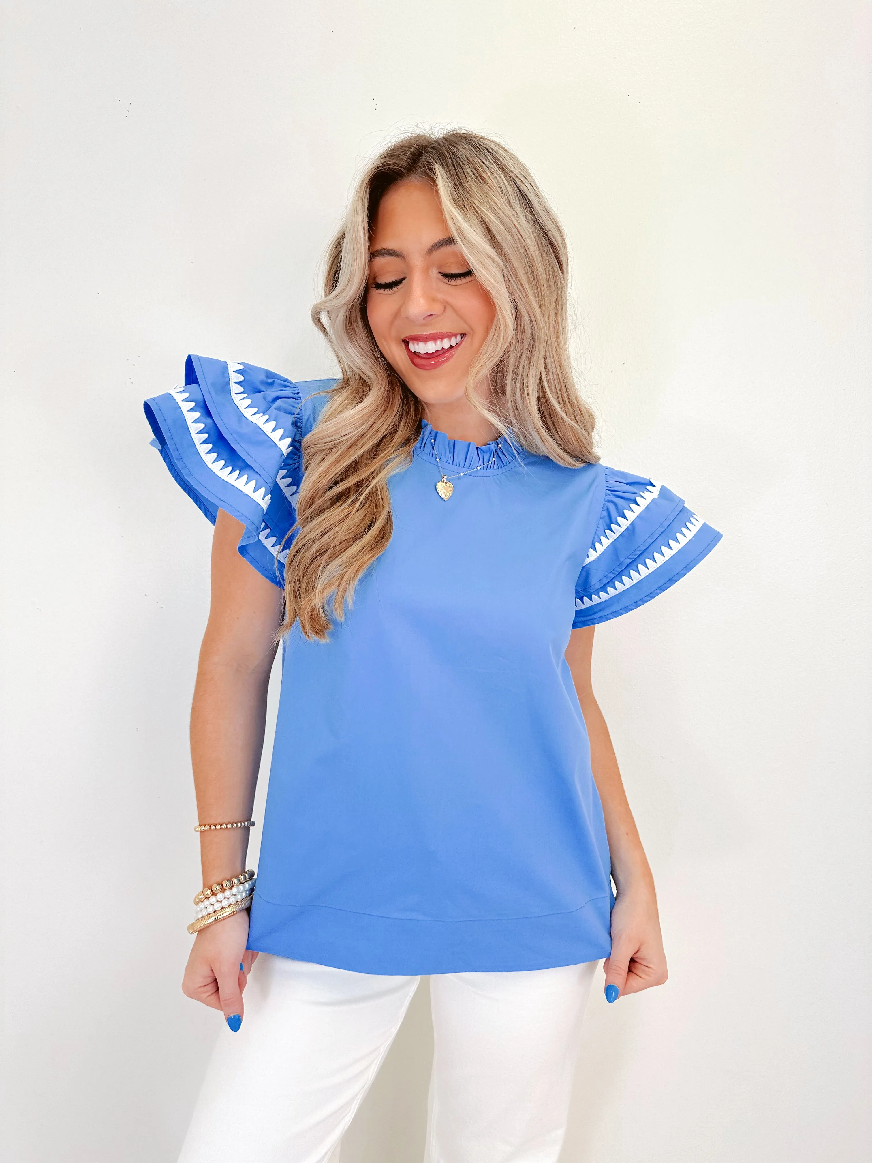Raylynn Ruffle Trimmed Top - Blue