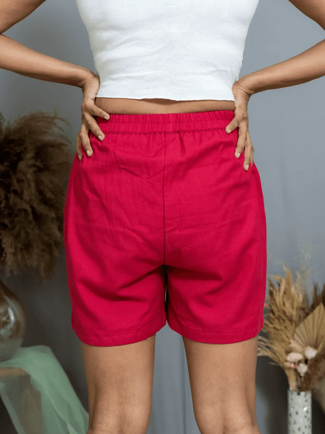 Red cotton Shorts with Ajrakh Pockets