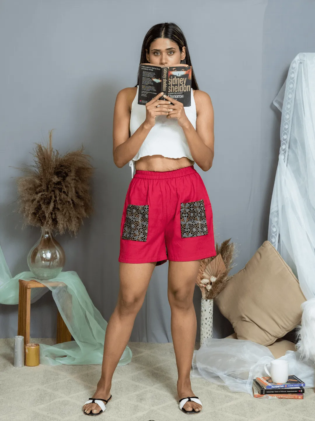 Red cotton Shorts with Ajrakh Pockets