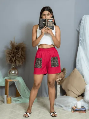 Red cotton Shorts with Ajrakh Pockets