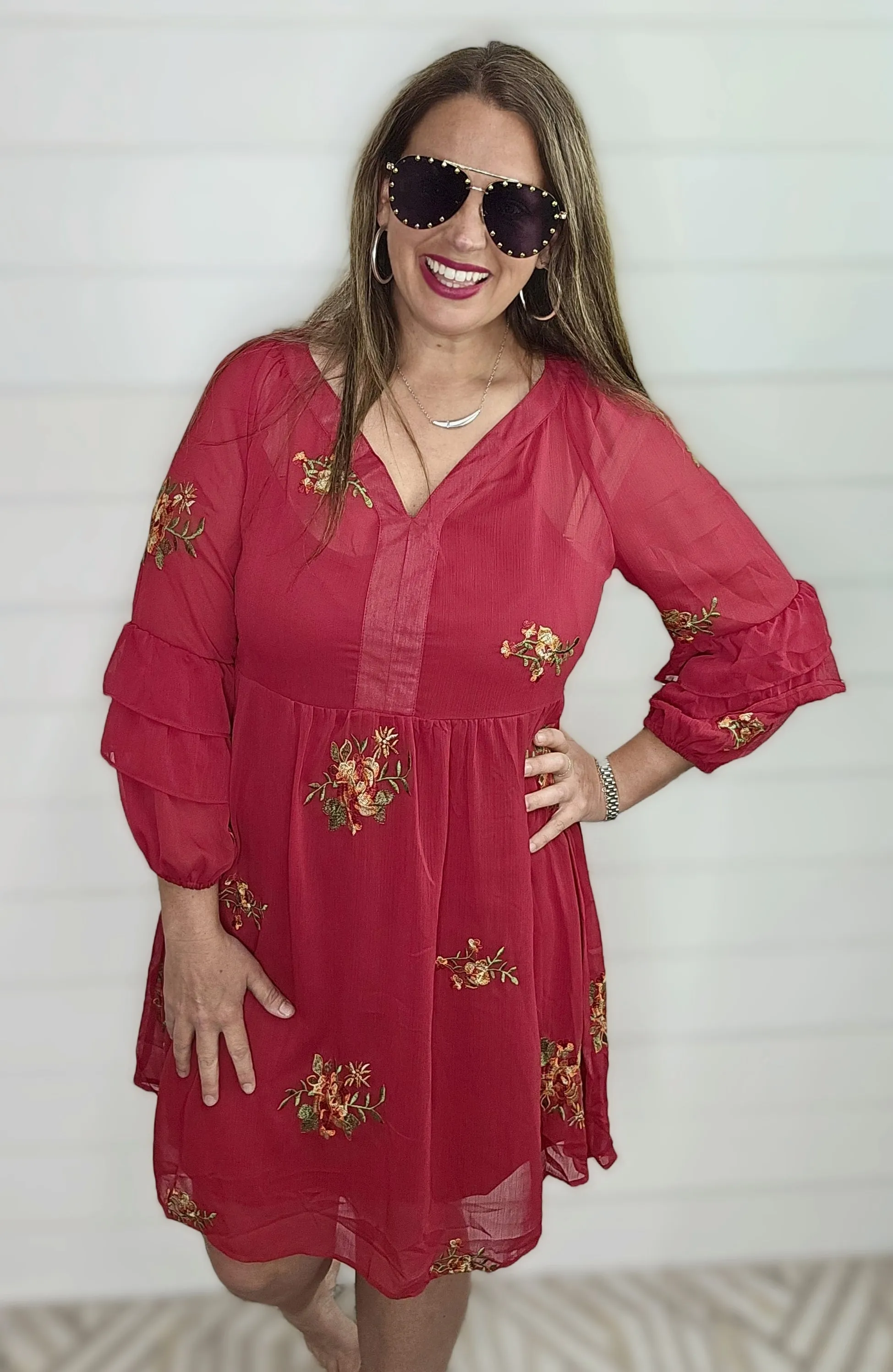 RED EMBROIDERED SHEER DRESS W/ ATTACHED DRESS