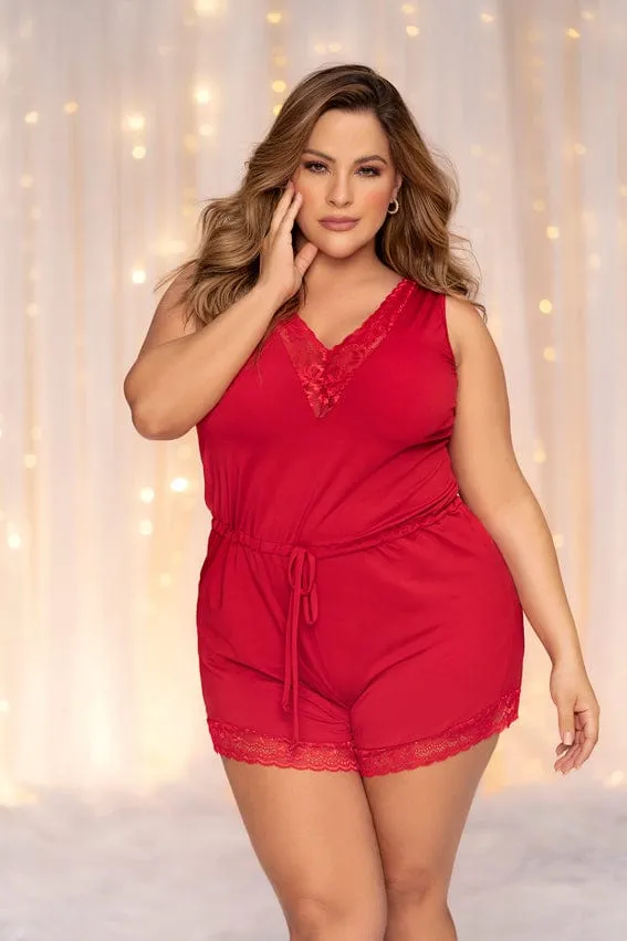 Red Lace Trim Drawstring Sleep Romper Women's Loungewear
