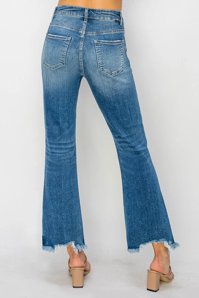 Risen High Rise Crop Flare Fray Hem Jeans