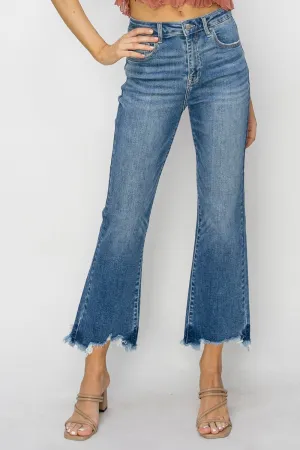 Risen High Rise Crop Flare Fray Hem Jeans