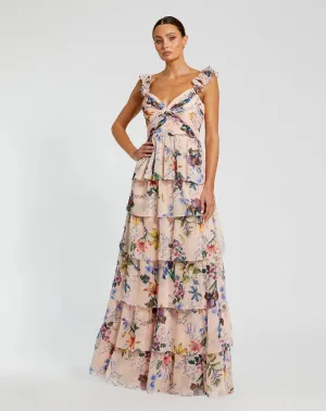Ruffle Sleeveless Chiffon Tiered Floral Print Gown - Pink