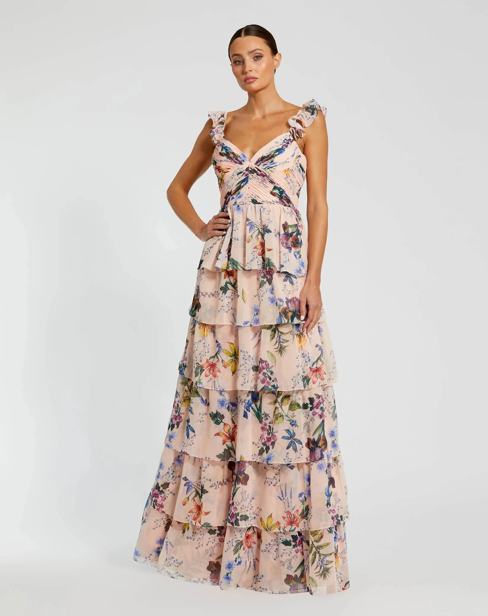Ruffle Sleeveless Chiffon Tiered Floral Print Gown - Pink