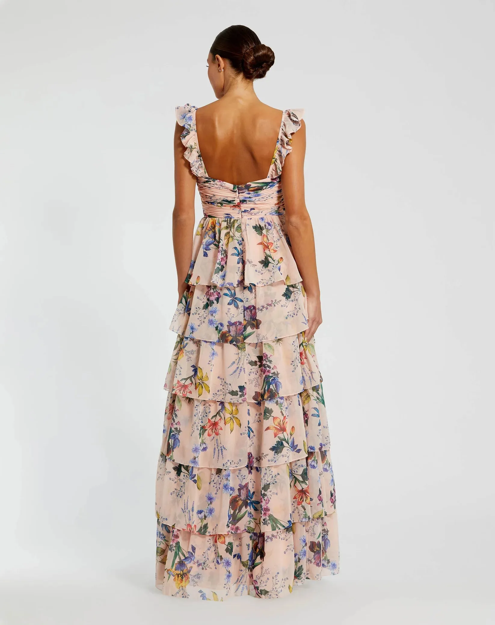 Ruffle Sleeveless Chiffon Tiered Floral Print Gown - Pink
