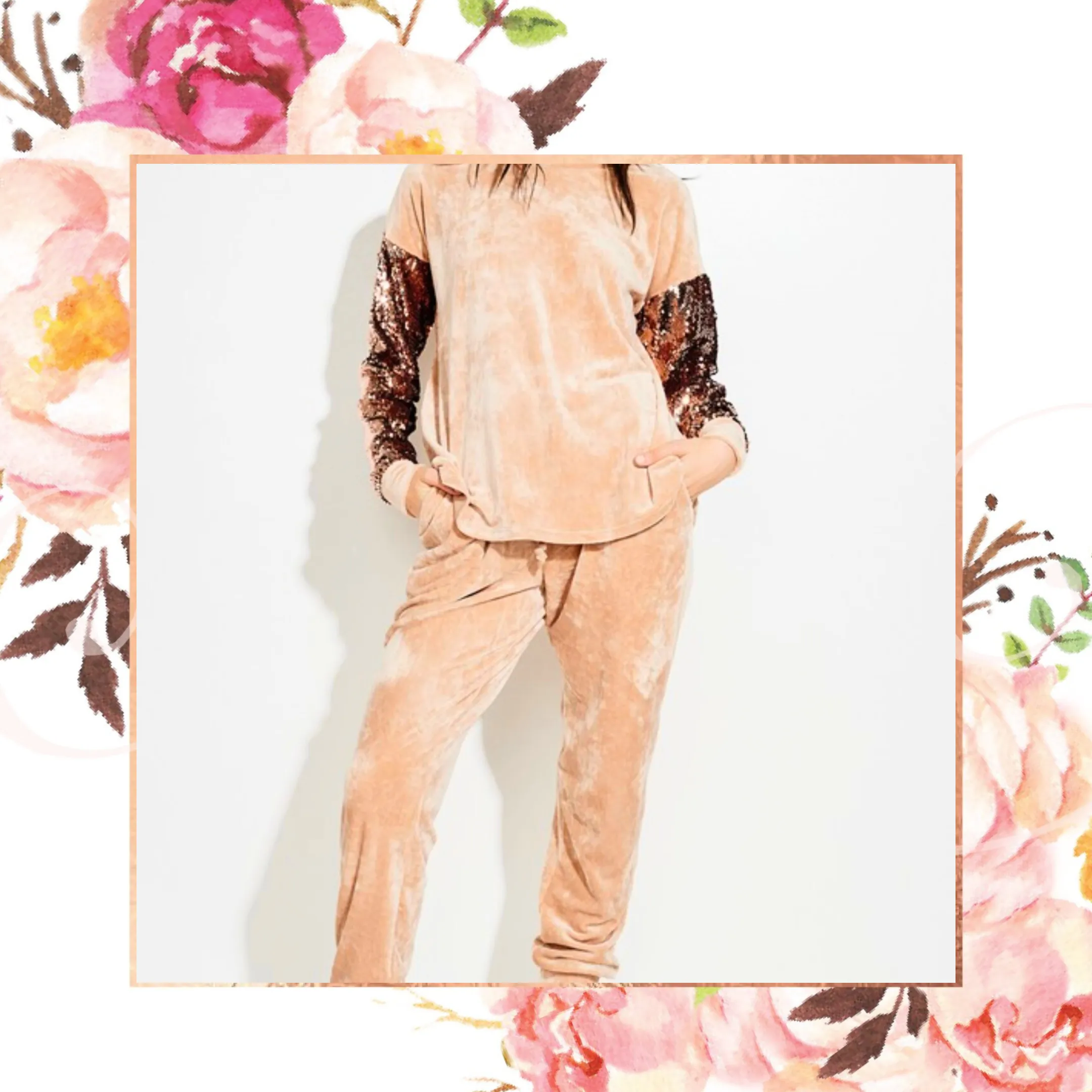 Sequin Sleeve Velvet Cozy Sweat Set