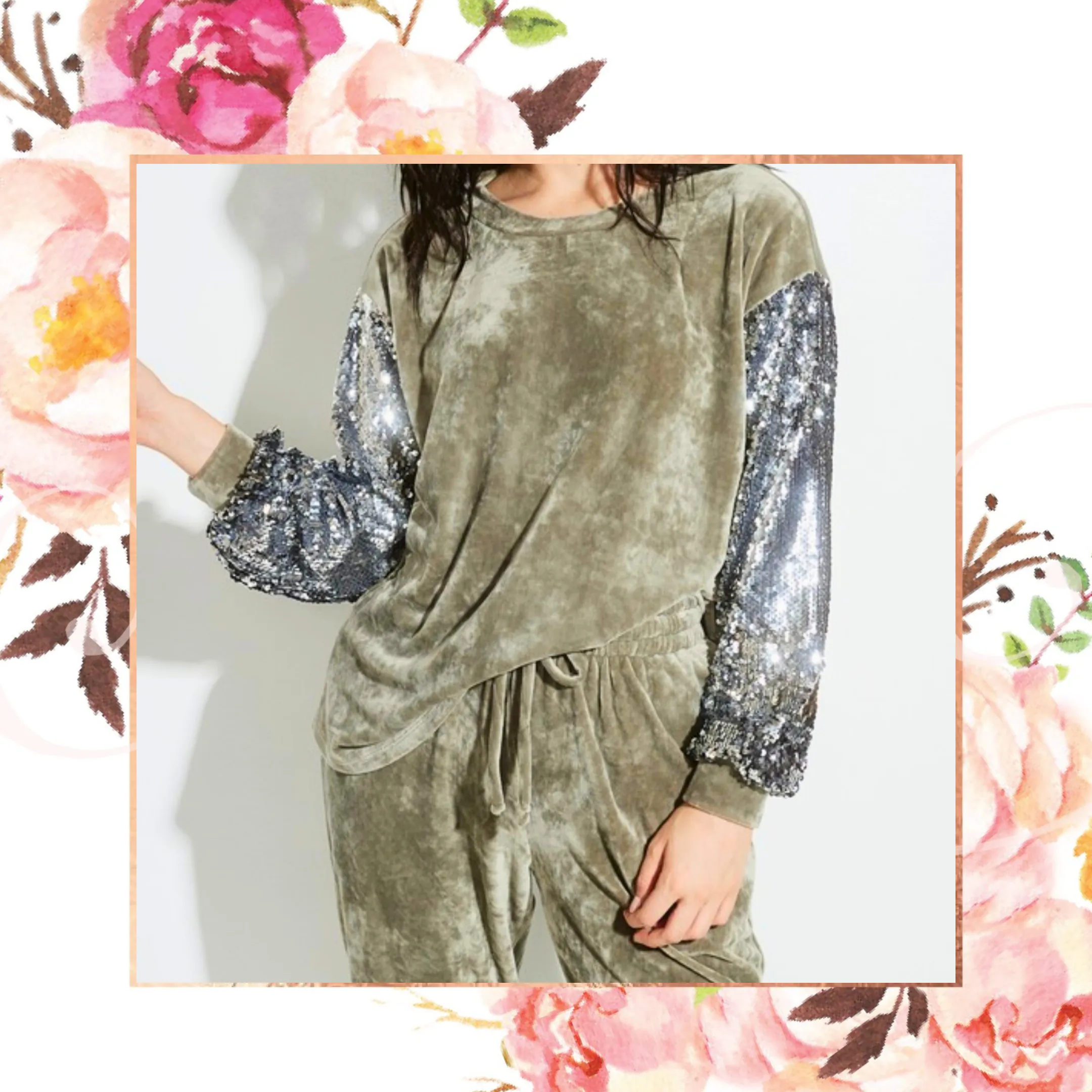 Sequin Sleeve Velvet Cozy Sweat Set