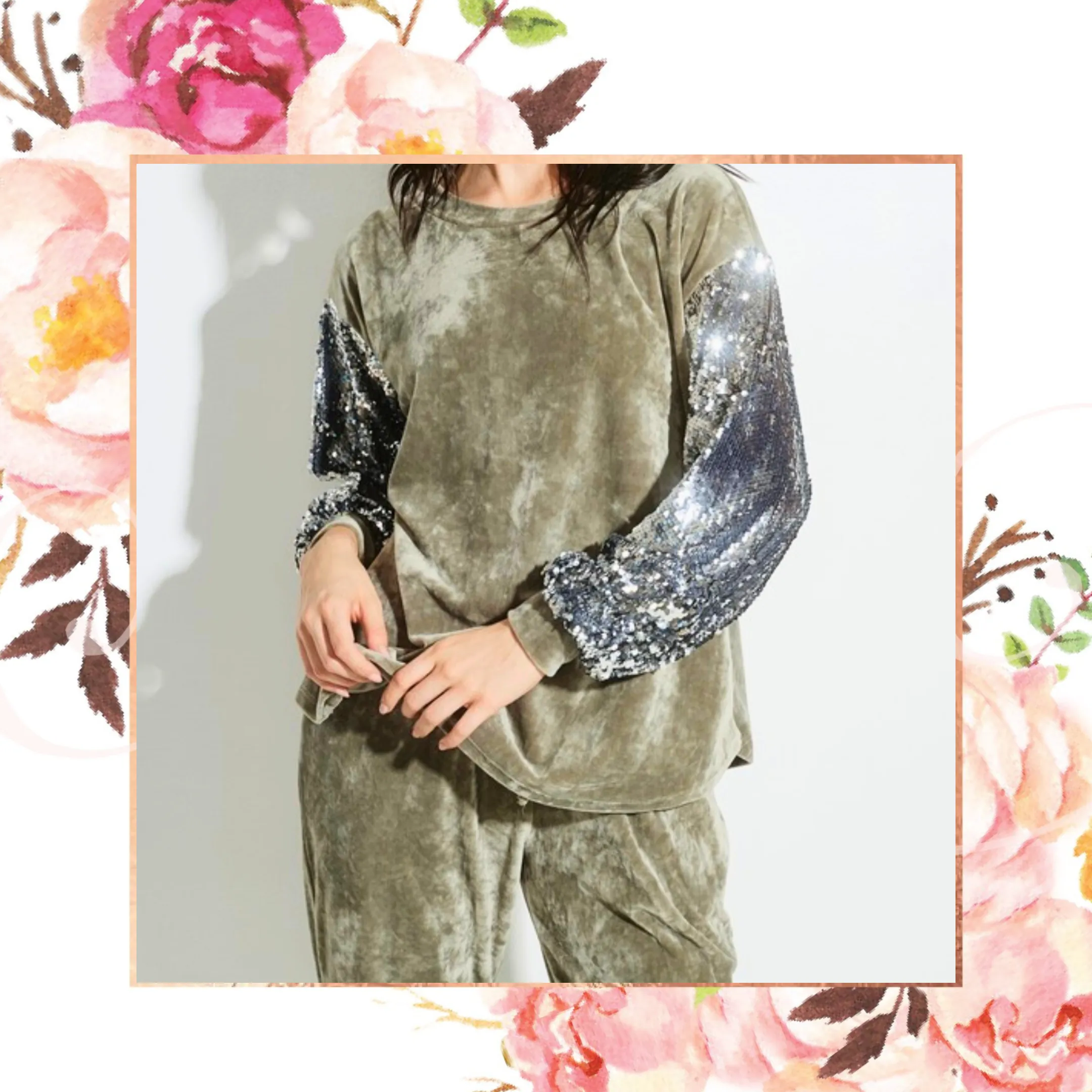 Sequin Sleeve Velvet Cozy Sweat Set