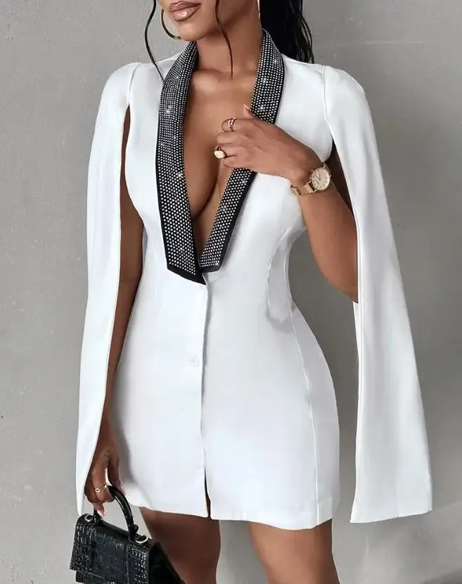 Shelley Long Sleeve V-Neck Outerwear Colorblock Cape Design Rhinestone Blazers
