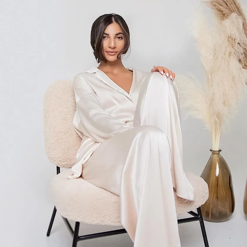 Solid Color Ladies Loungewear Satin Satin Top Trousers