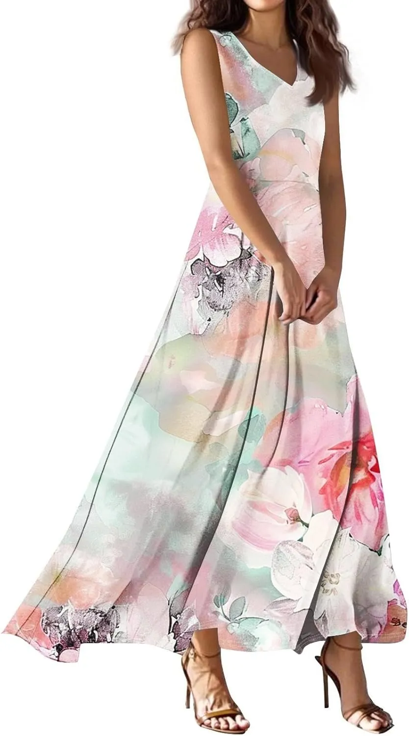 Summer Dresses for Women 2025 Maxi Floral Chiffon Dresses V Neck Sleeveless Tank Dress Flowy Sundresses for Vacation