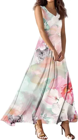 Summer Dresses for Women 2025 Maxi Floral Chiffon Dresses V Neck Sleeveless Tank Dress Flowy Sundresses for Vacation