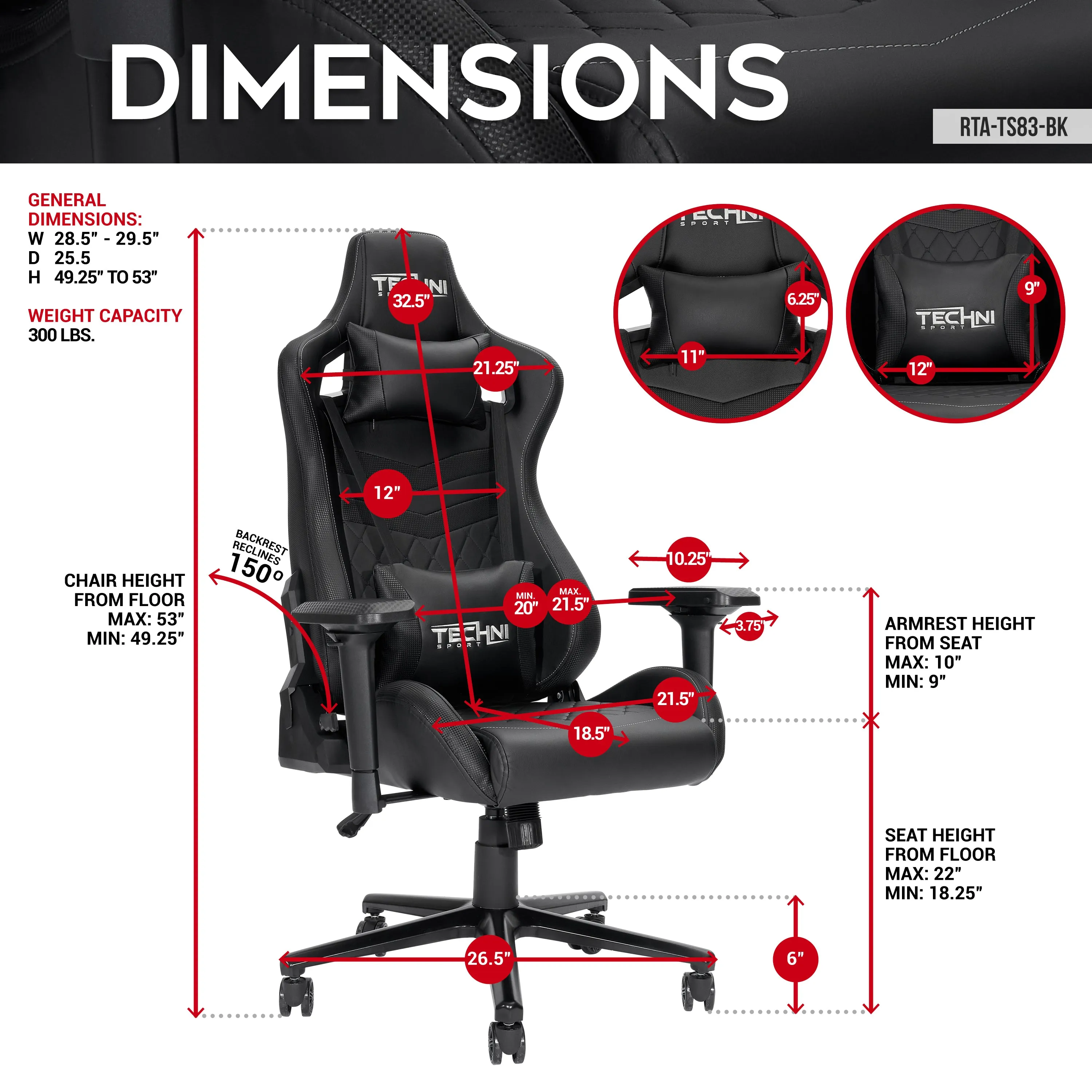 Techni Sport TS-83 Ergonomic High Back Racer Style PC Gaming Chair, Black PU Leather