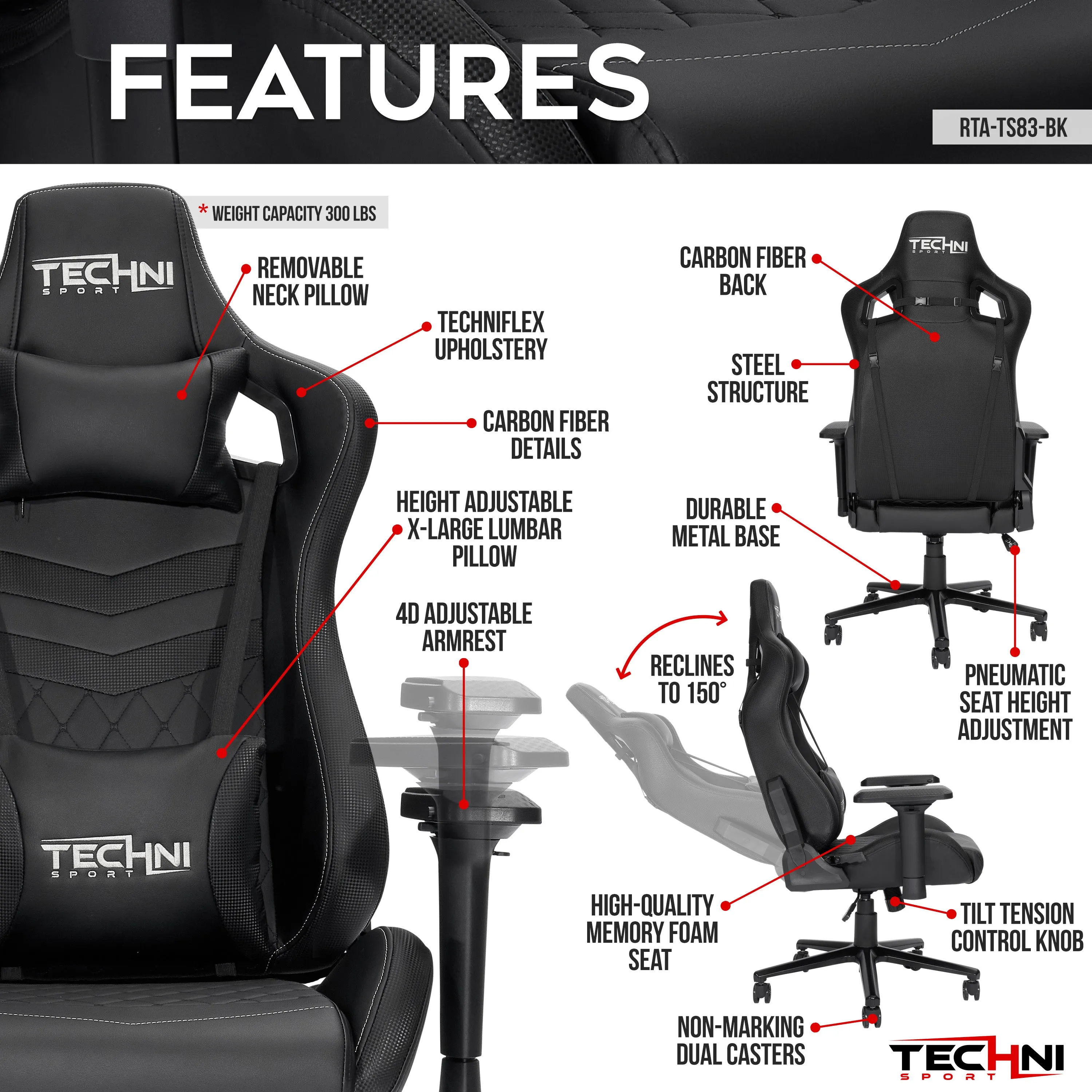 Techni Sport TS-83 Ergonomic High Back Racer Style PC Gaming Chair, Black PU Leather