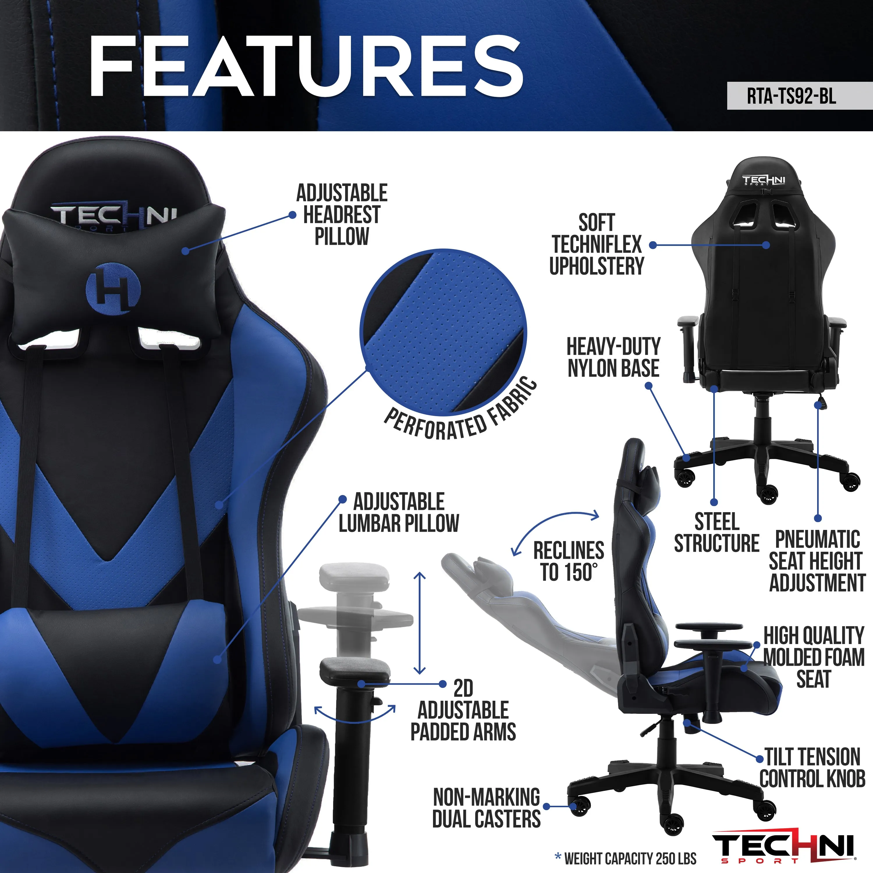 Techni Sport TS-92 Office-PC Gaming Chair, Blue