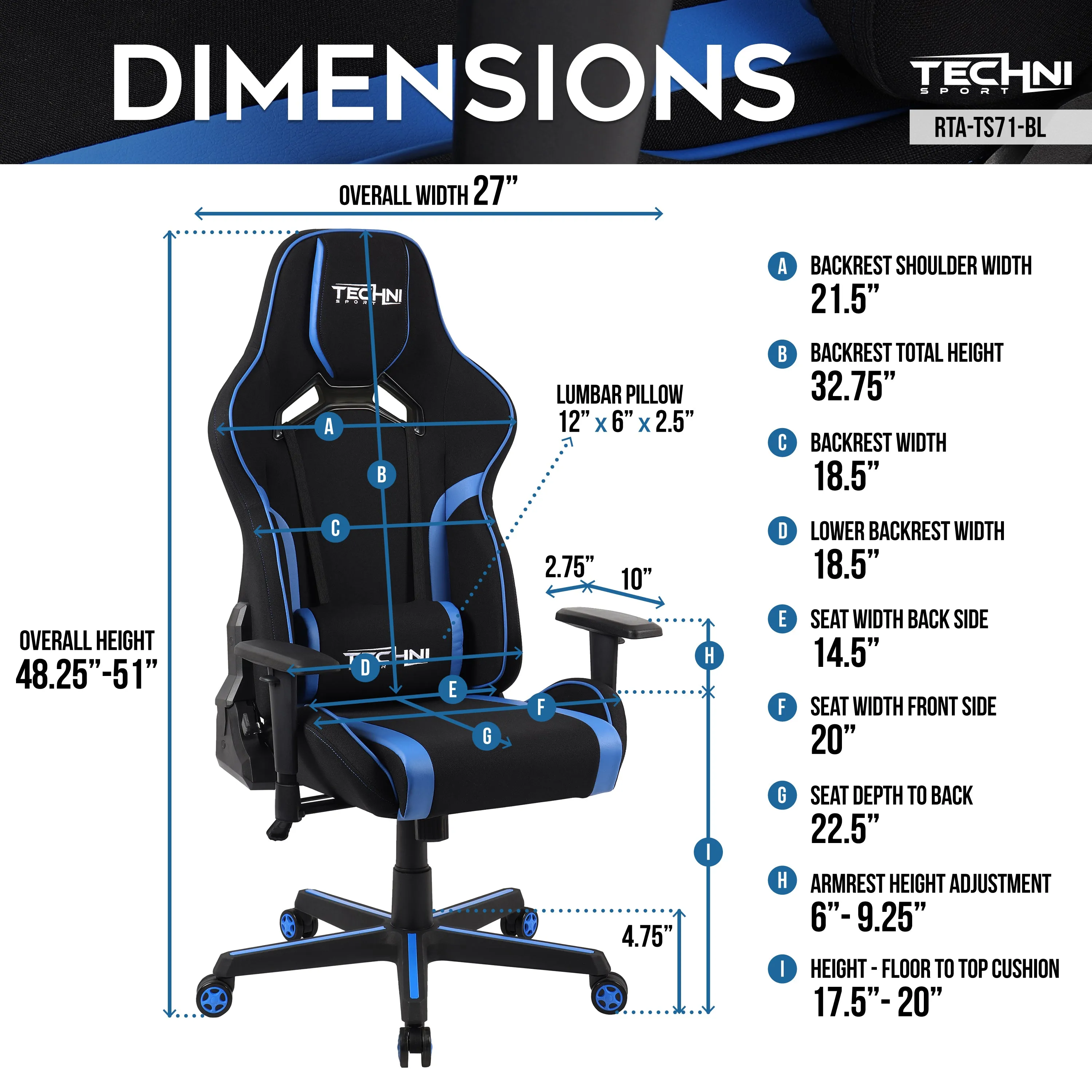 Techni Sport TSF-71 Fabric Office-PC Gaming Chair, Black and Blue PU Leather