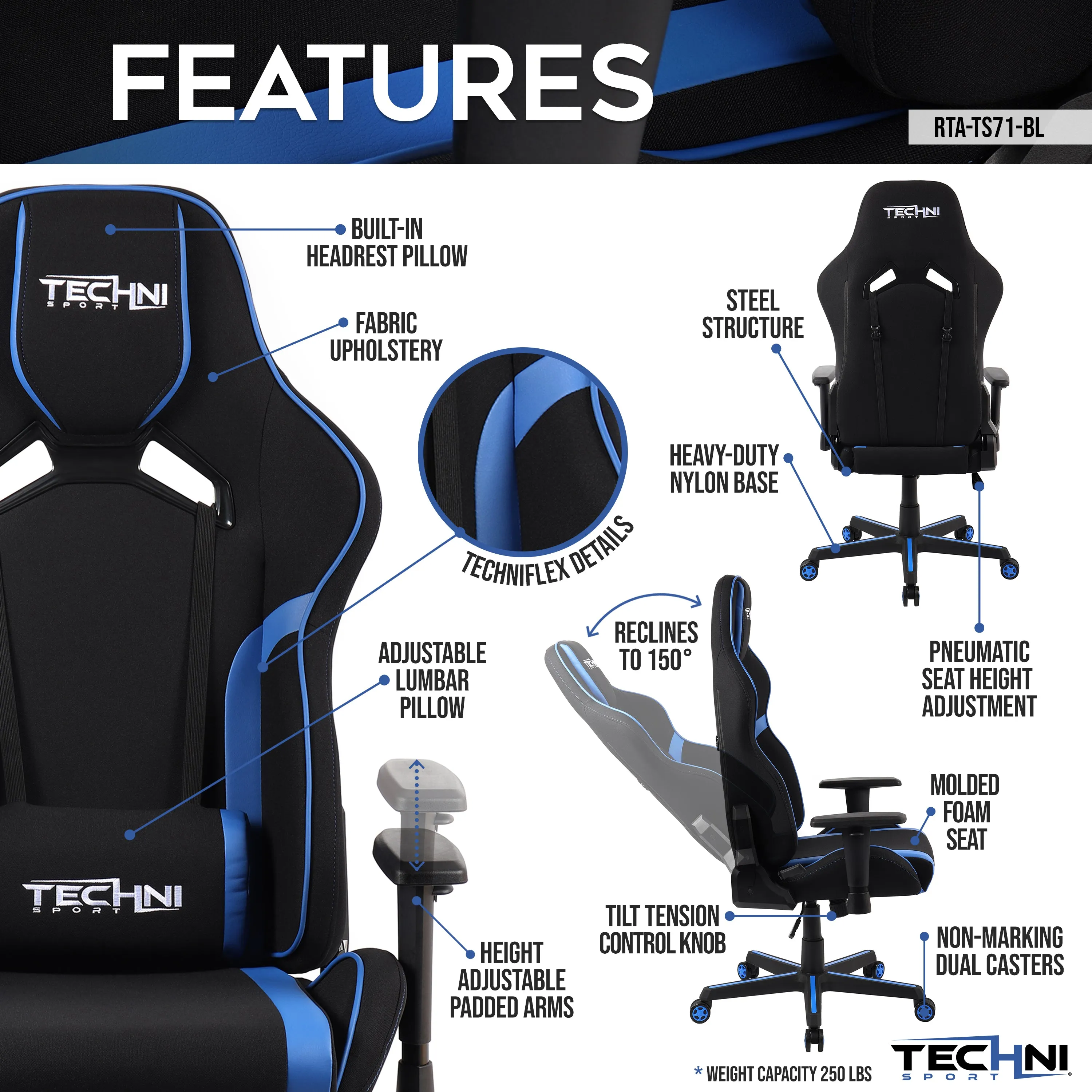 Techni Sport TSF-71 Fabric Office-PC Gaming Chair, Black and Blue PU Leather