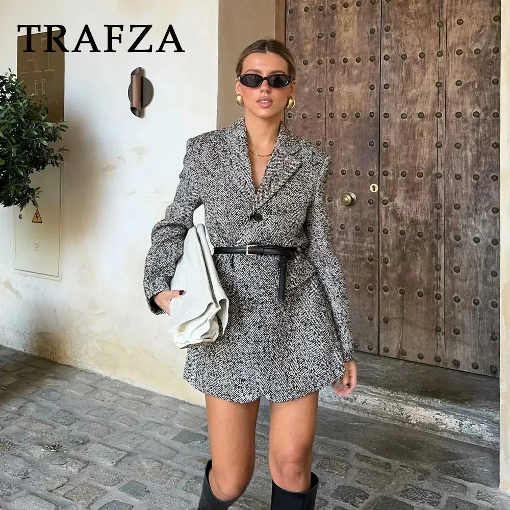 thanksgiving outfit Joskaa 2024 Autumn Winter Office Lady Sashes Blazers Fashion Shrug Loose Elegant Single Breasted Women Streetwear Long Blazers