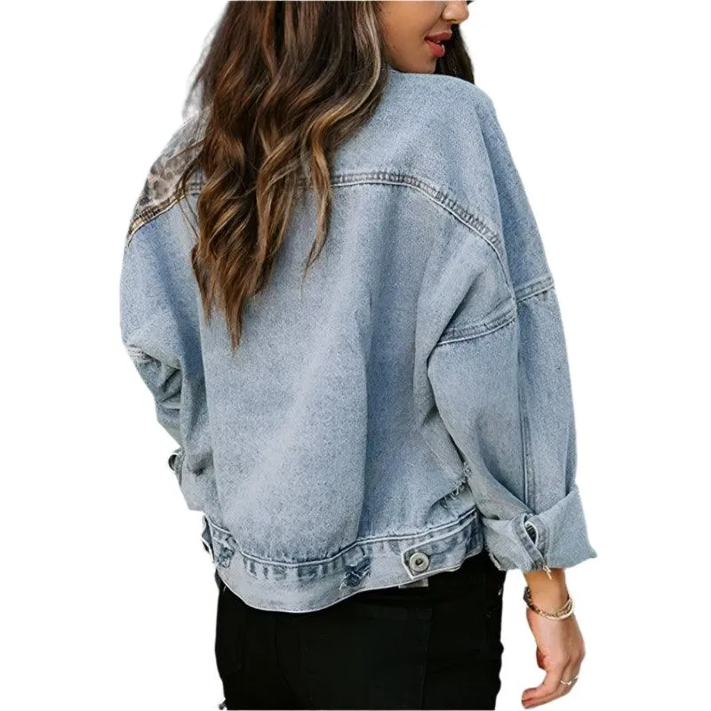 Trendy Patchwork Design  Women's Leopard Stitching Comfortable Denim Jacket