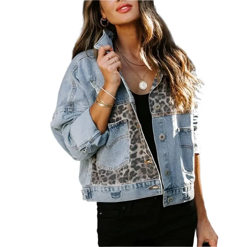 Trendy Patchwork Design  Women's Leopard Stitching Comfortable Denim Jacket