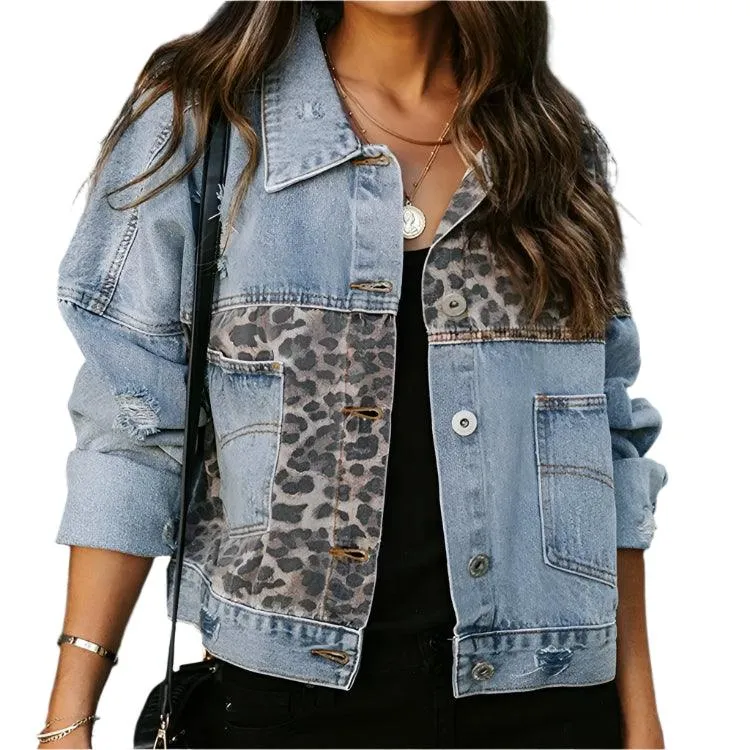 Trendy Patchwork Design  Women's Leopard Stitching Comfortable Denim Jacket