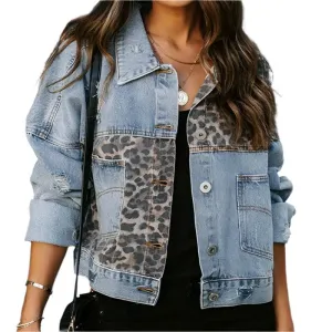 Trendy Patchwork Design  Women's Leopard Stitching Comfortable Denim Jacket