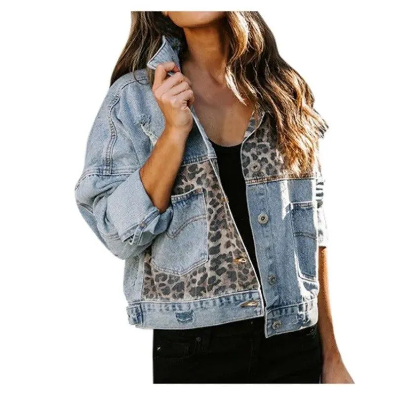 Trendy Patchwork Design  Women's Leopard Stitching Comfortable Denim Jacket