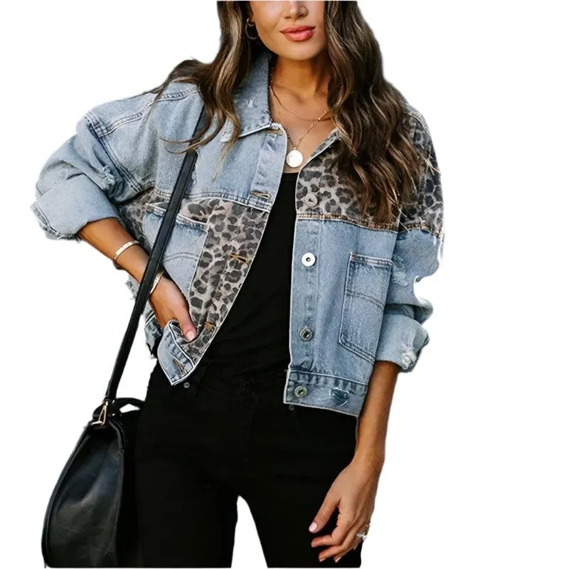 Trendy Patchwork Design  Women's Leopard Stitching Comfortable Denim Jacket