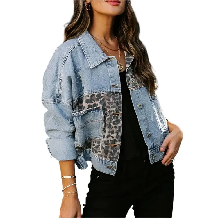 Trendy Patchwork Design  Women's Leopard Stitching Comfortable Denim Jacket