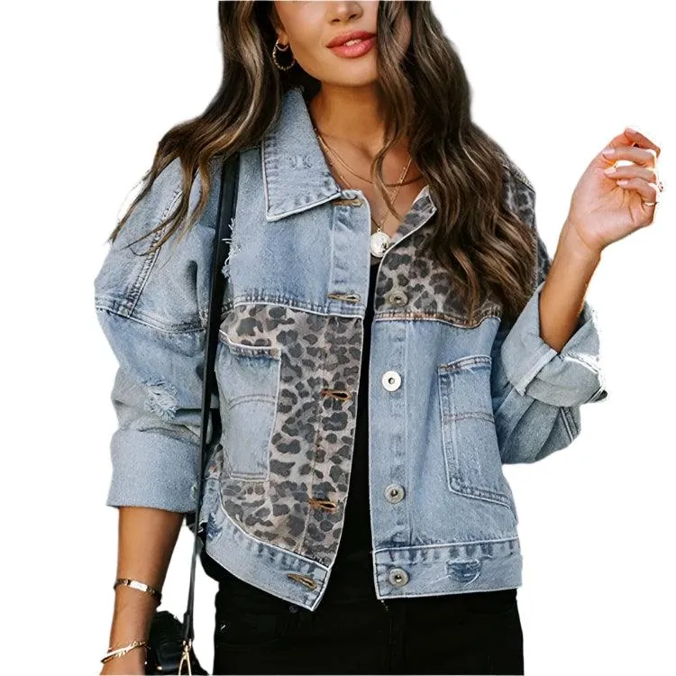 Trendy Patchwork Design  Women's Leopard Stitching Comfortable Denim Jacket