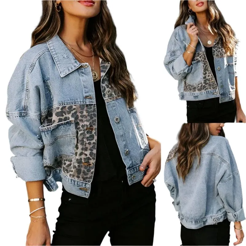 Trendy Patchwork Design  Women's Leopard Stitching Comfortable Denim Jacket
